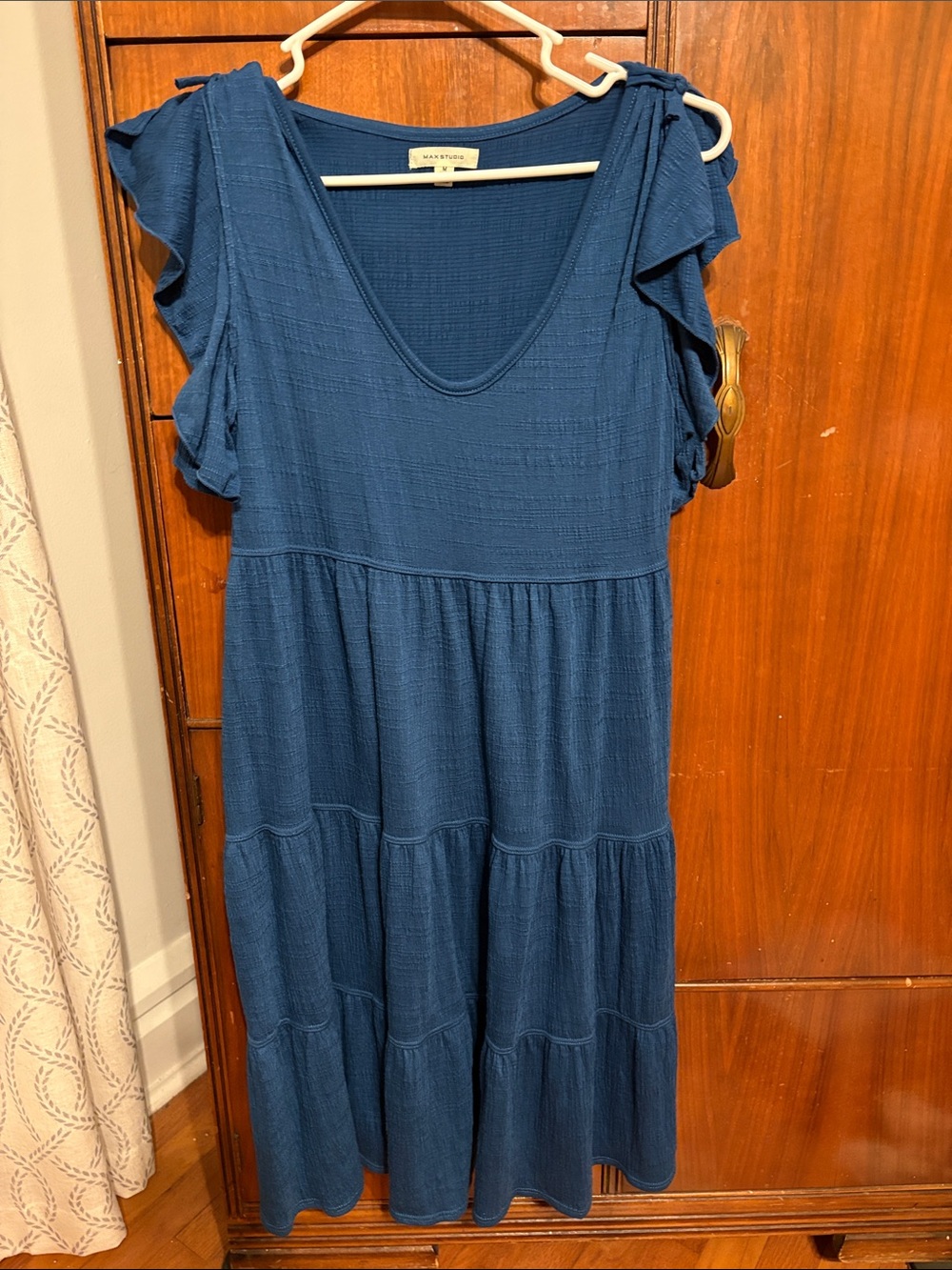 Max Studio Navy Blue Ruffle-Sleeve Midi Dress